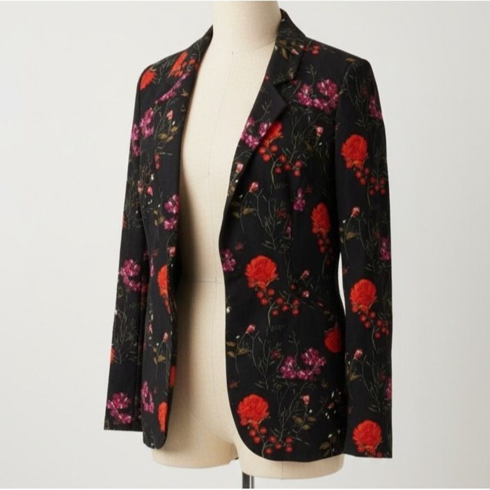 Cynthia Rowley Floral Blazer Jacket XS Black Red Pink Rayon Open Front RN 75343